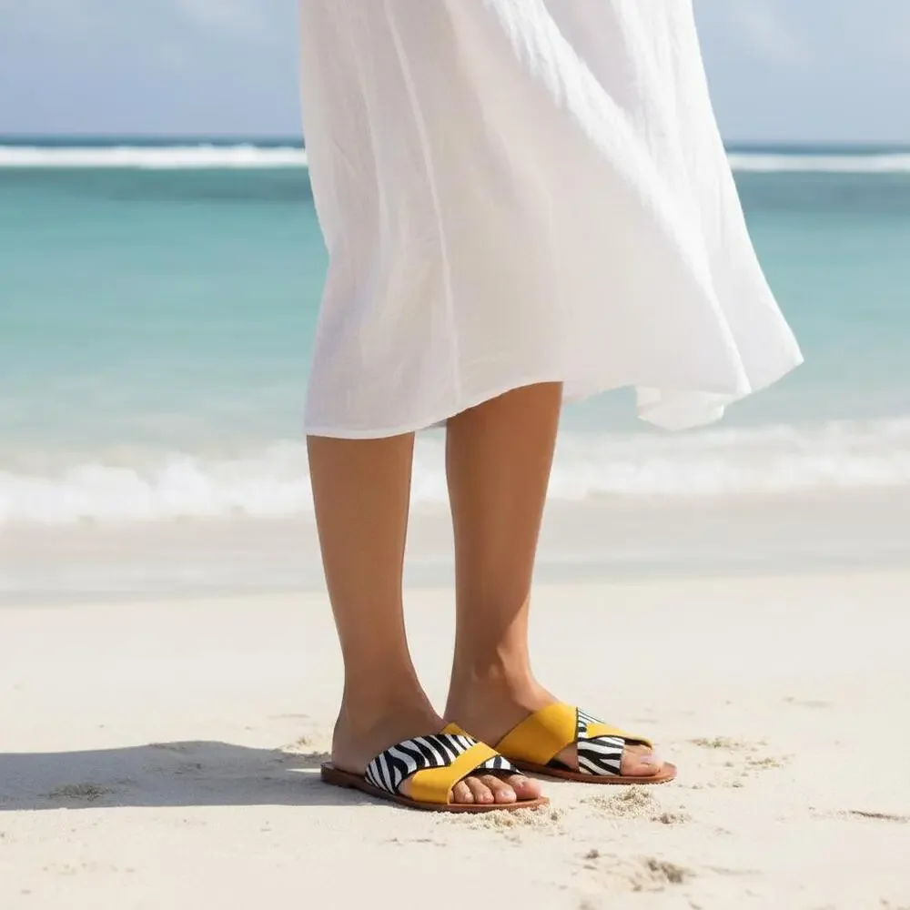 Zebra Print Cross-Strap Flat Slide Sandals in Mustard Yellow